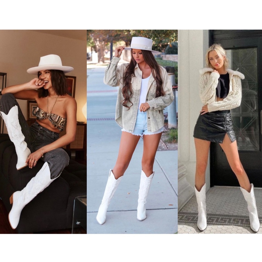 White Knee High Embroidered Cowboy Boots - Picture 7 of 11
